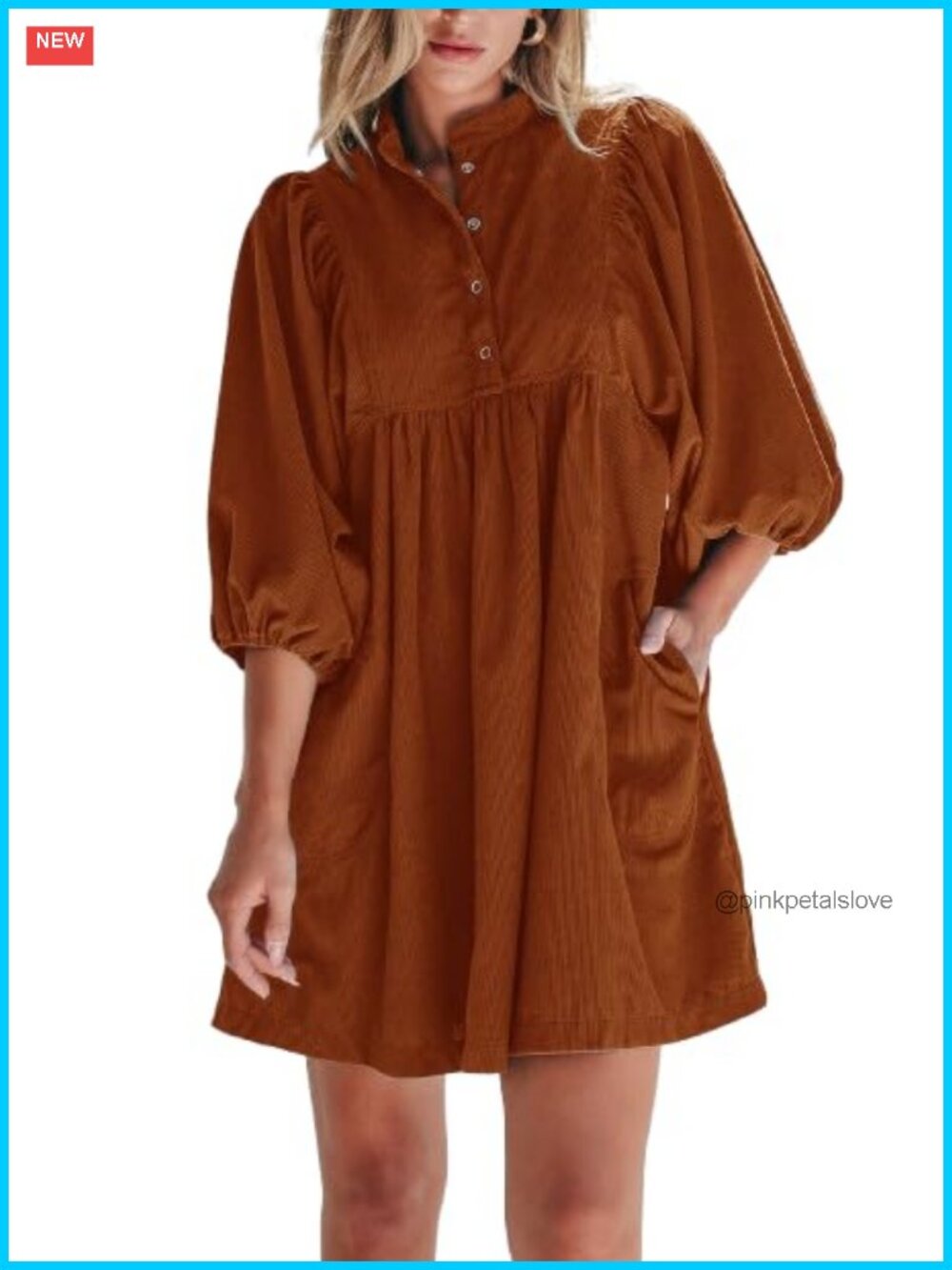 Corduroy Mini Babydoll Dress V-Neck 3/4 Sleeve Button Up Casual Fall Winter